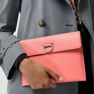 NWT BURBERRY Leather pouch with removable wallet in bright coral pink